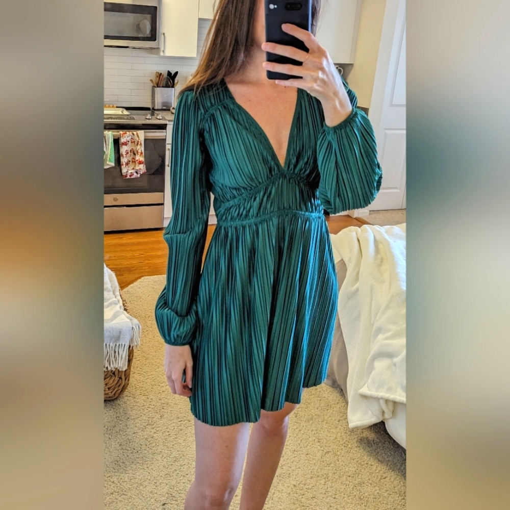 Green Pleated Satin Holiday Dress